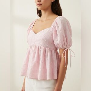English Factory Women’s Tied Strap Puff Sleeve Textured Peplum Top in Pink Sz S